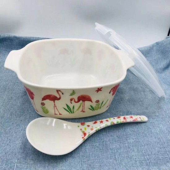 The Home 100% Melamine High Square Bowl with Serving Spoon Tureen Flamingo and Floral Design Tableware Dinner Set