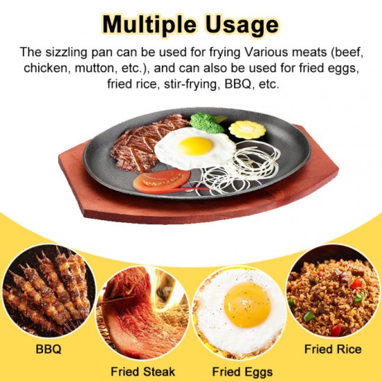 Sizzling Plate w/ Wooden Base Grill Plate Steak Plate Non Stick Cast Iron Kitchen Cooking Tools Cookware Roasting Grilling Oval Shape Tray For Frying Steak，Eggs，Rice.