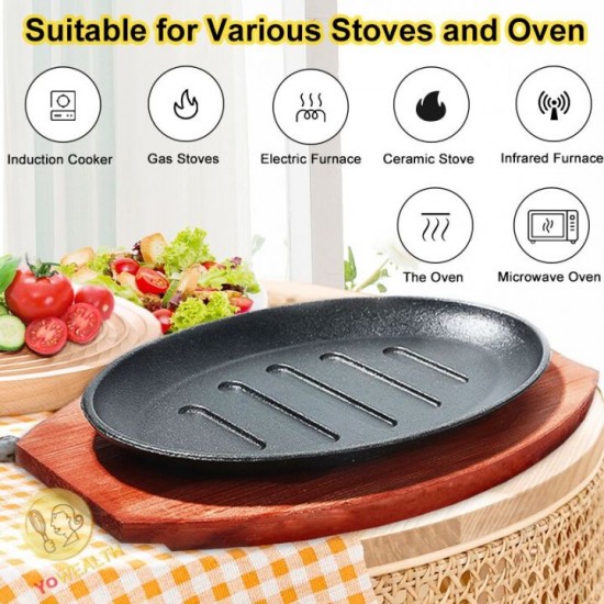 Sizzling Plate w/ Wooden Base Grill Plate Steak Plate Non Stick Cast Iron Kitchen Cooking Tools Cookware Roasting Grilling Oval Shape Tray For Frying Steak，Eggs，Rice.